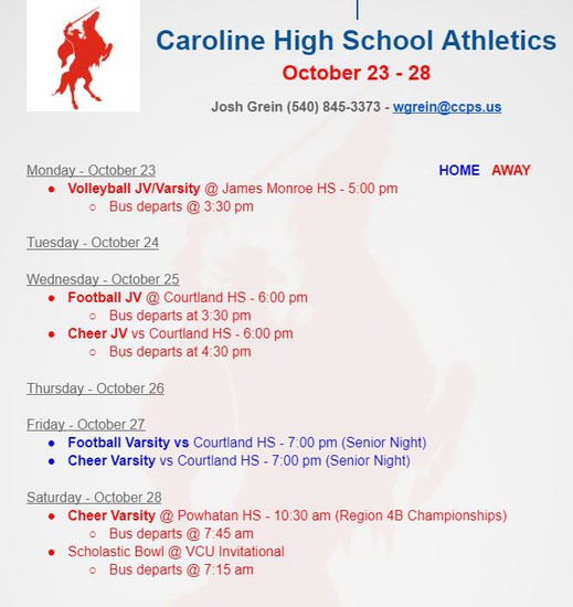 chs athletics schedule for 10/23-10/27