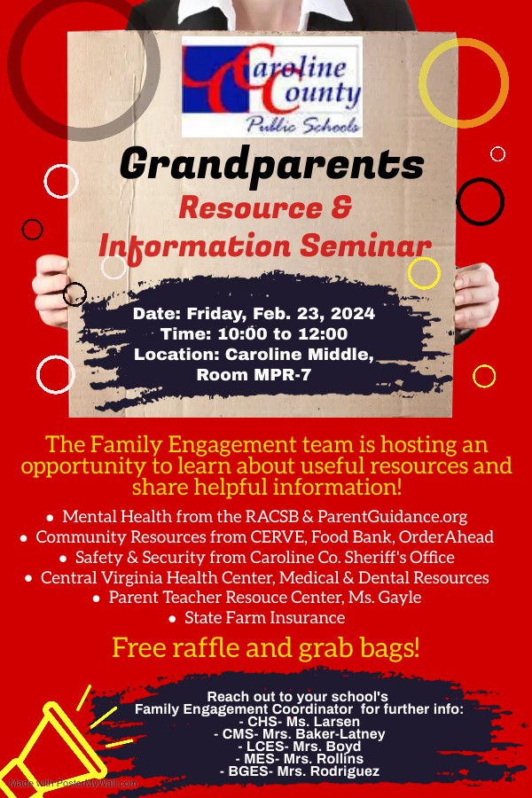 Resource and Information Seminar, Friday, Feb. 23, 2024, 10-12 at Caroline Middle School, Room MPR-7.