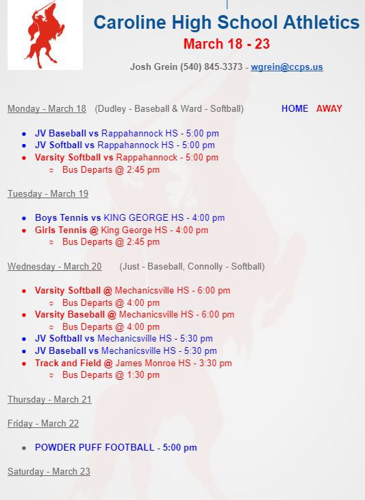 CHS Athletic Schedule 3/18-3/23