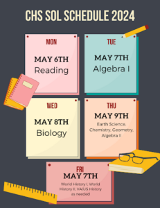 Spring SOL testing schedule for Caroline High School.