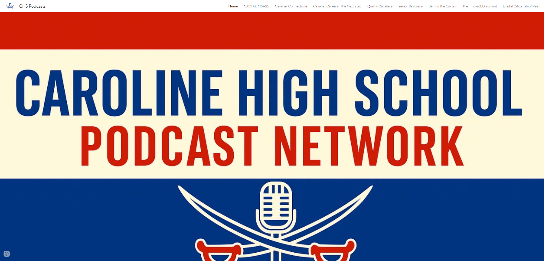 Caroline Cavalier Podcast network in bold letters with icon of crossed swords