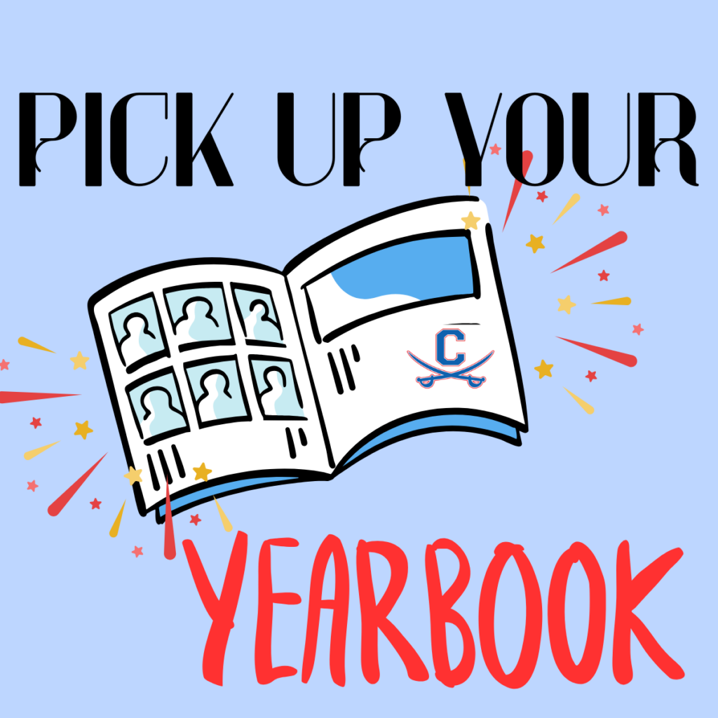 Box that says "pick up your yearbook" with image of a yearbook